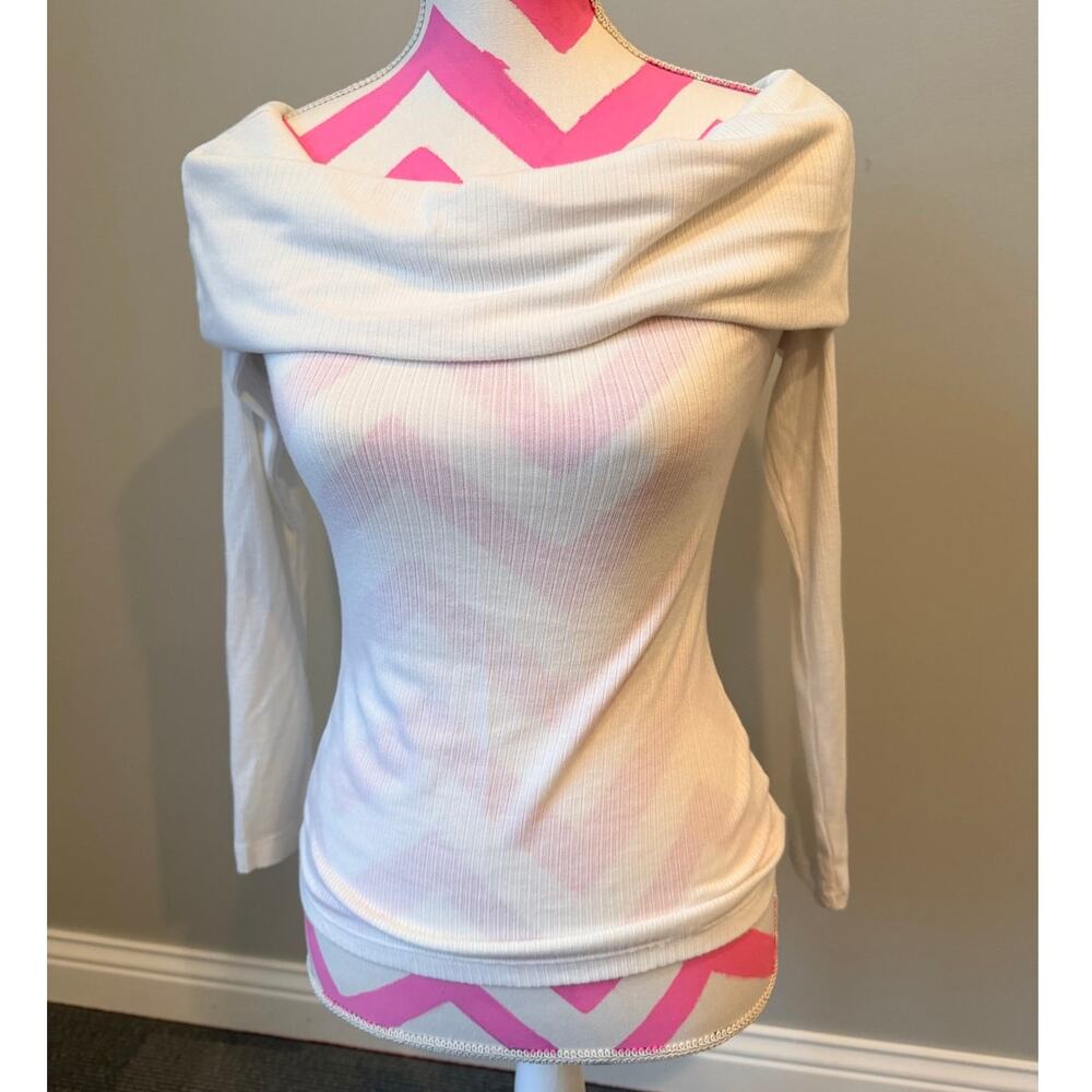 Old Navy Fitted Cream White Ribbed Knit Off Shoulder Top Small